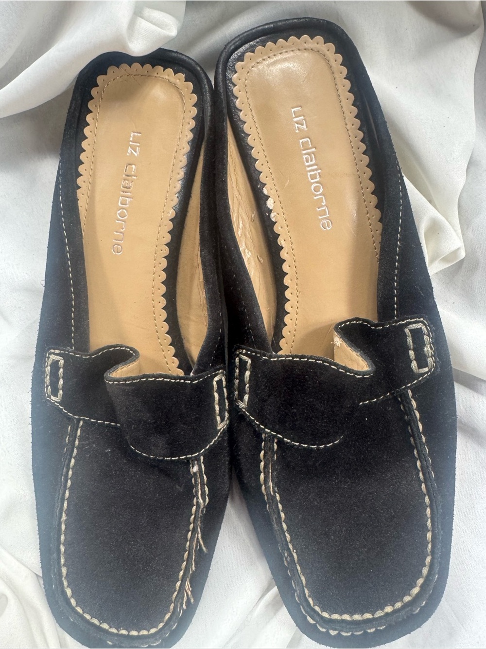 Liz Claiborne Black Suede Moccasin Slip-Ons with Contrast Stitching